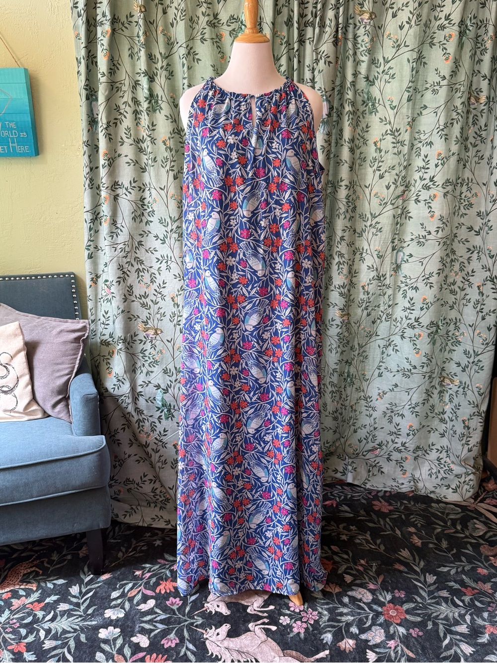 Old Navy Blue Floral Maxi Dress with Pink and White Accents